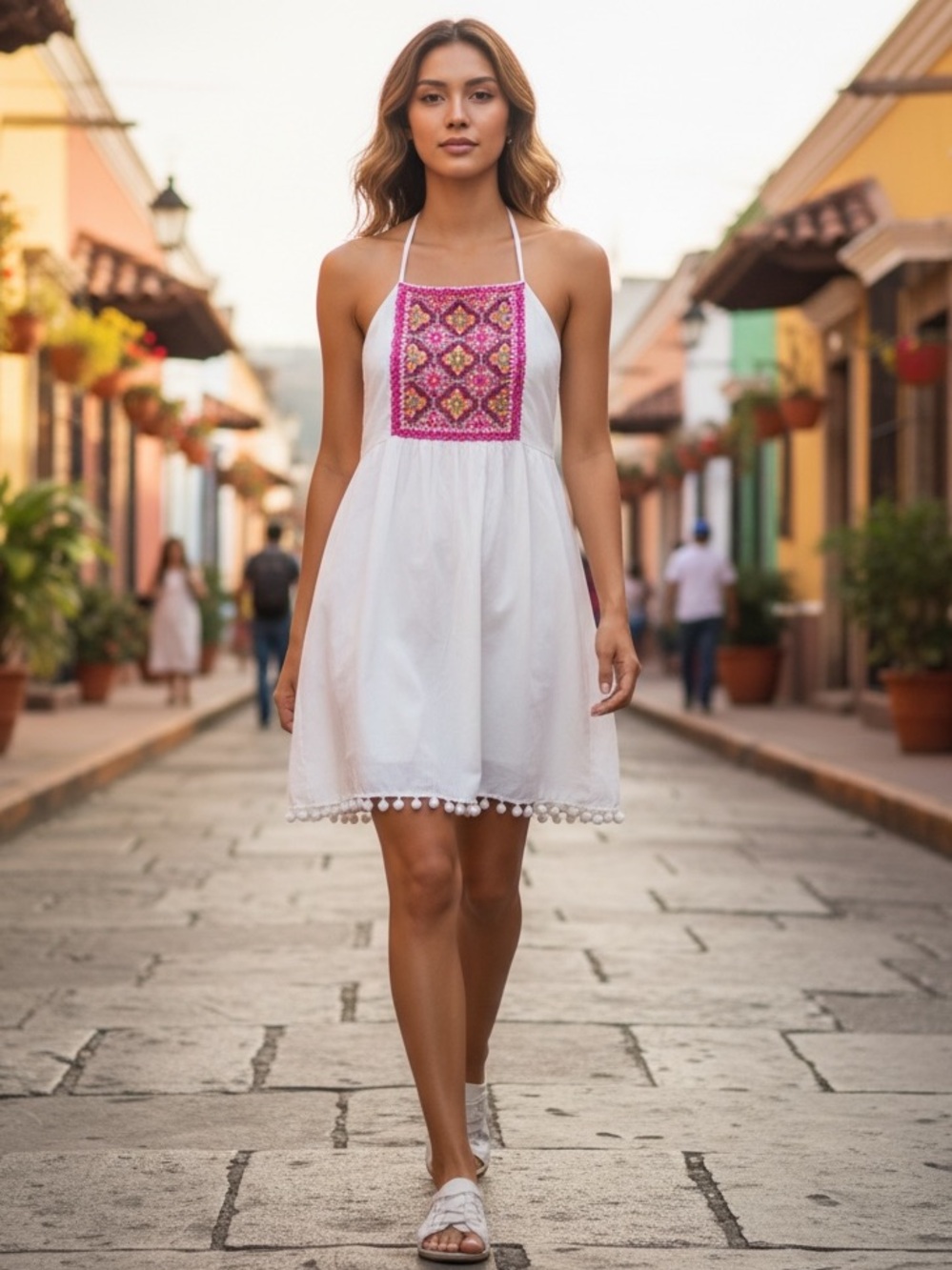 Miami Pink Embroidered Panel Dress with Tassels m